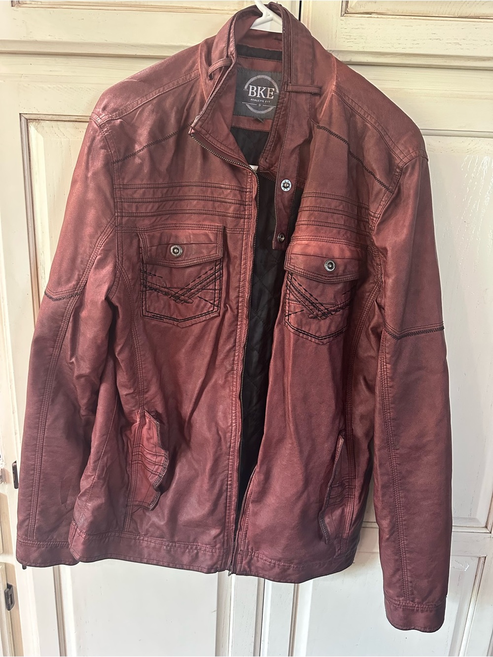 BKE Men’s Burgundy Red Leather Bomber Jacket